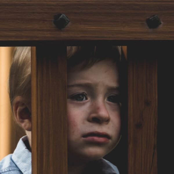 A child peers out through a wooden fence. The child seems sad.